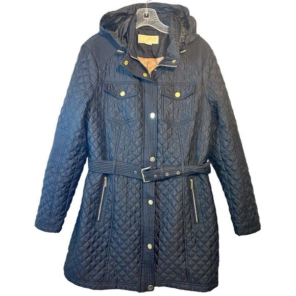 Michael Kors Ladies Quilted Trench Coat Black Large Gold Belted Hooded Jacket - Picture 3 of 16